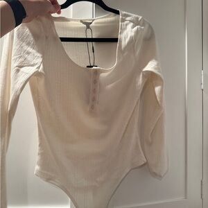 Fashion Nova Cream Long-Sleeve Scoop Neck Bodysuit